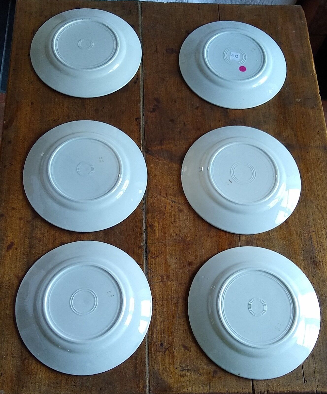 Set of 6 flat plates in faience of the 50s / 60s red pink pattern