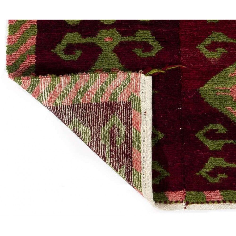 Vintage Hand-Knotted Turkish Tulu Rug with Geometric Hooked Motifs in Burgundy, Green and Pink, 100% Wool