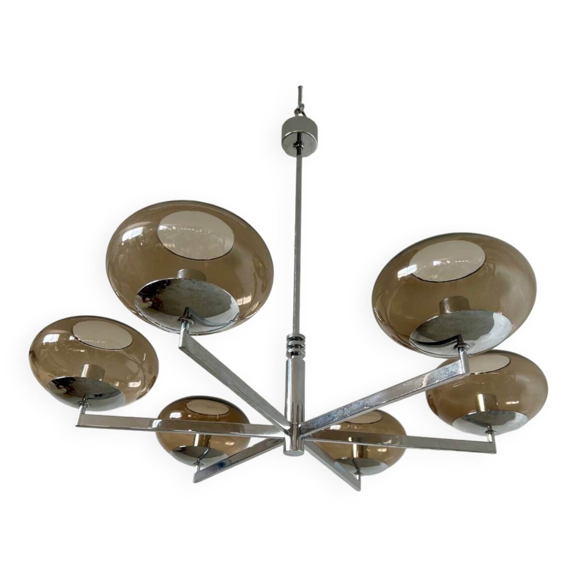 Old 6-light chandelier designed by Sciolari in chrome metal and smoked glass, 70s vintage