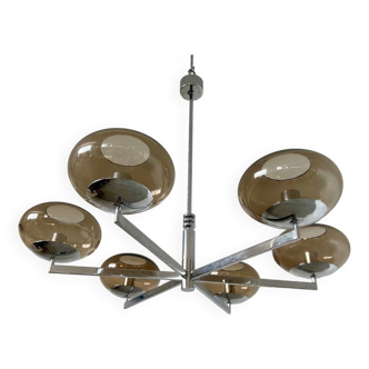 Old 6-light chandelier designed by Sciolari in chrome metal and smoked glass, 70s vintage