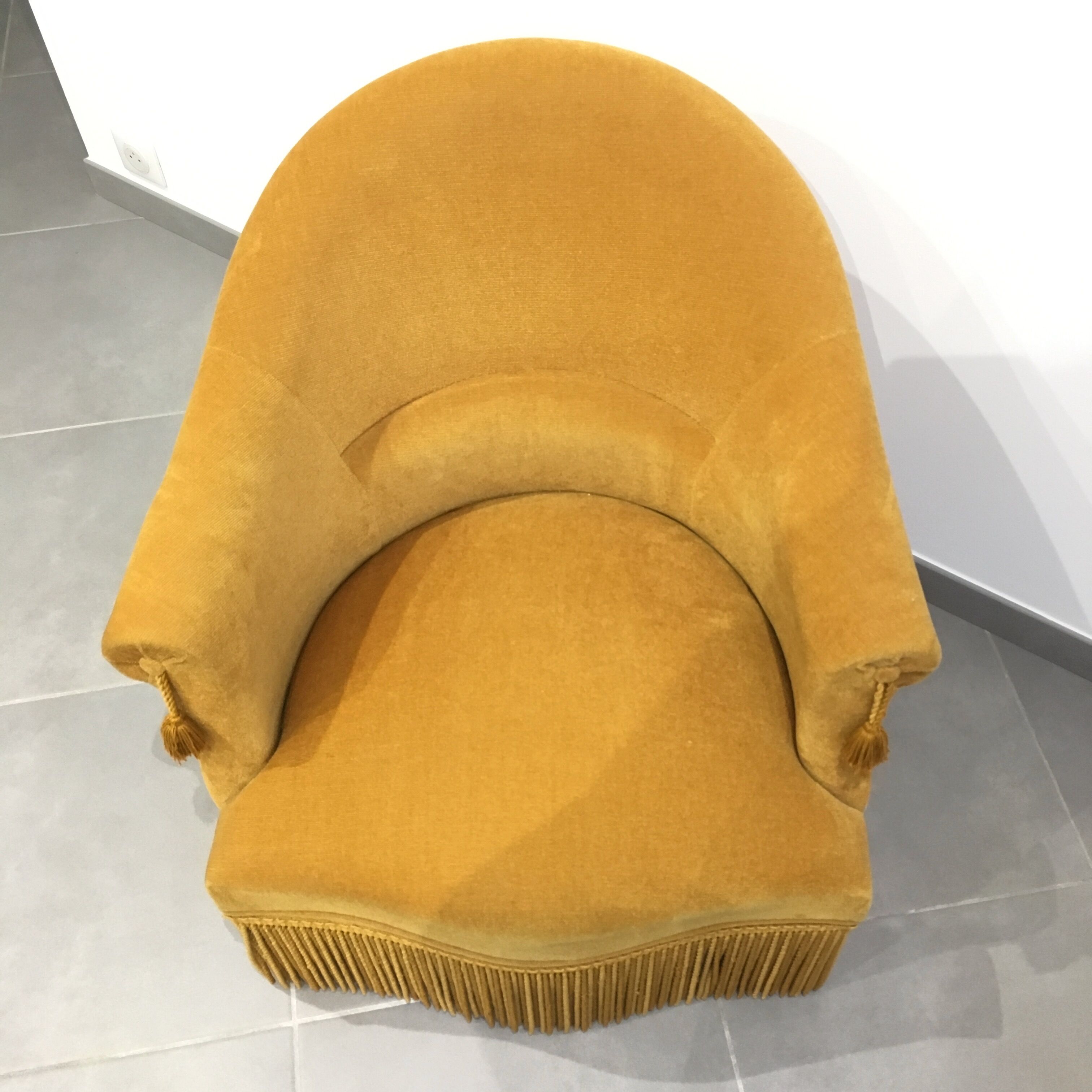 Pair of velvet fringed low chairs