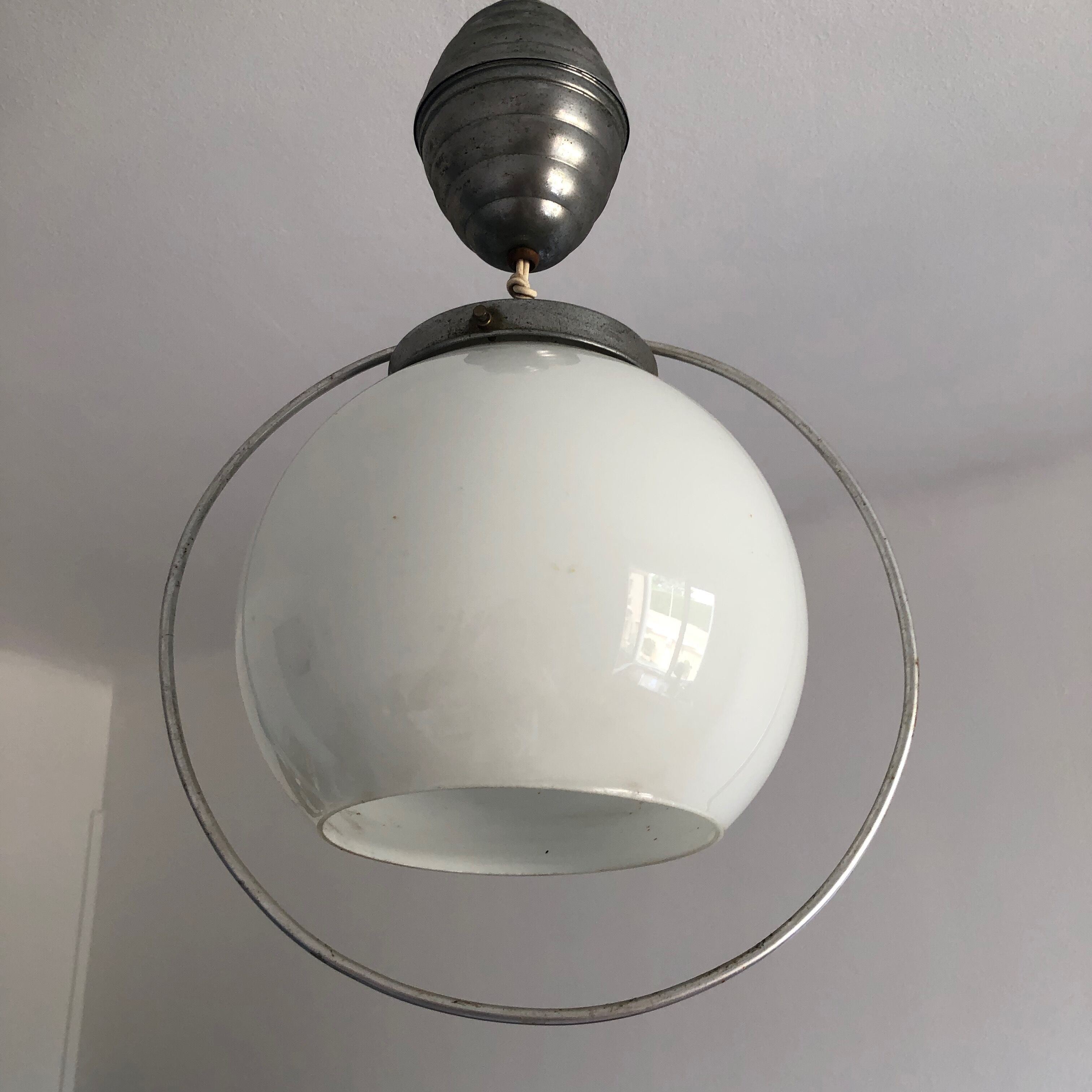 White opaline hanging lamp rises and drops vintage 1930 57cm
