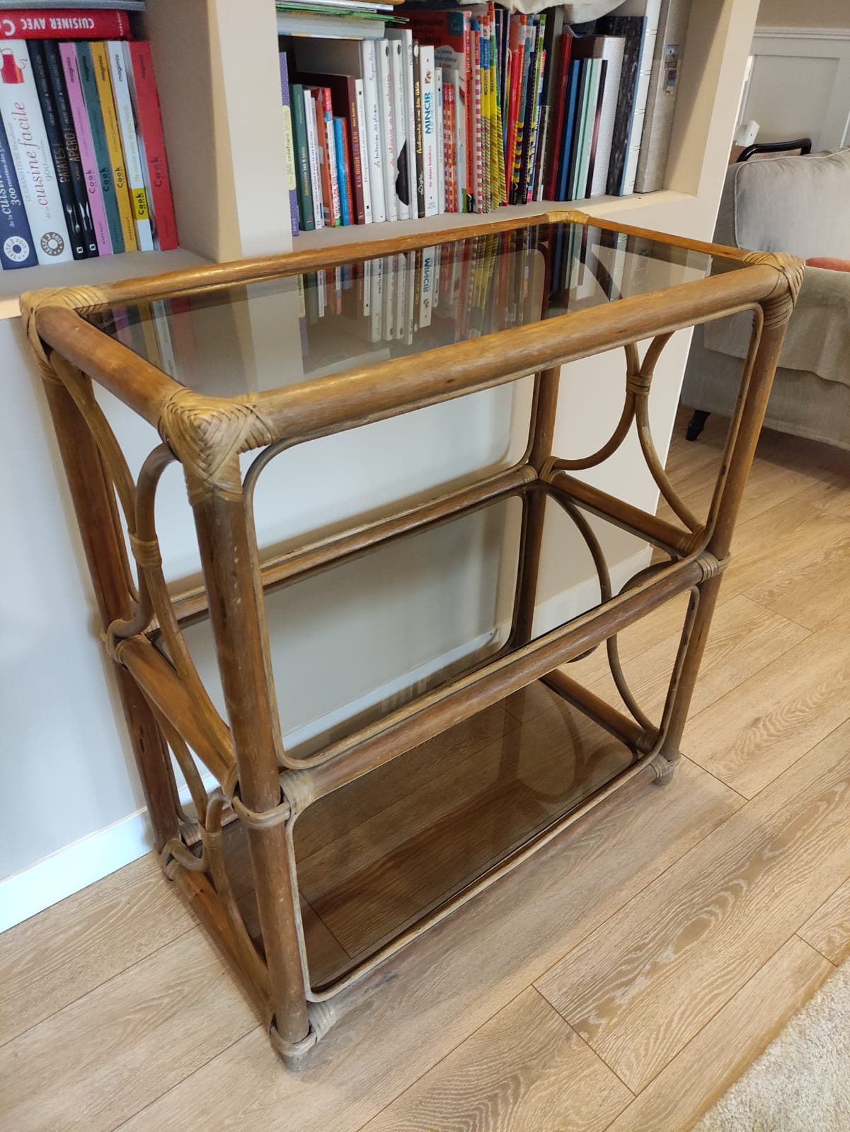 Rattan bookcase shelf and vintage smoked glass