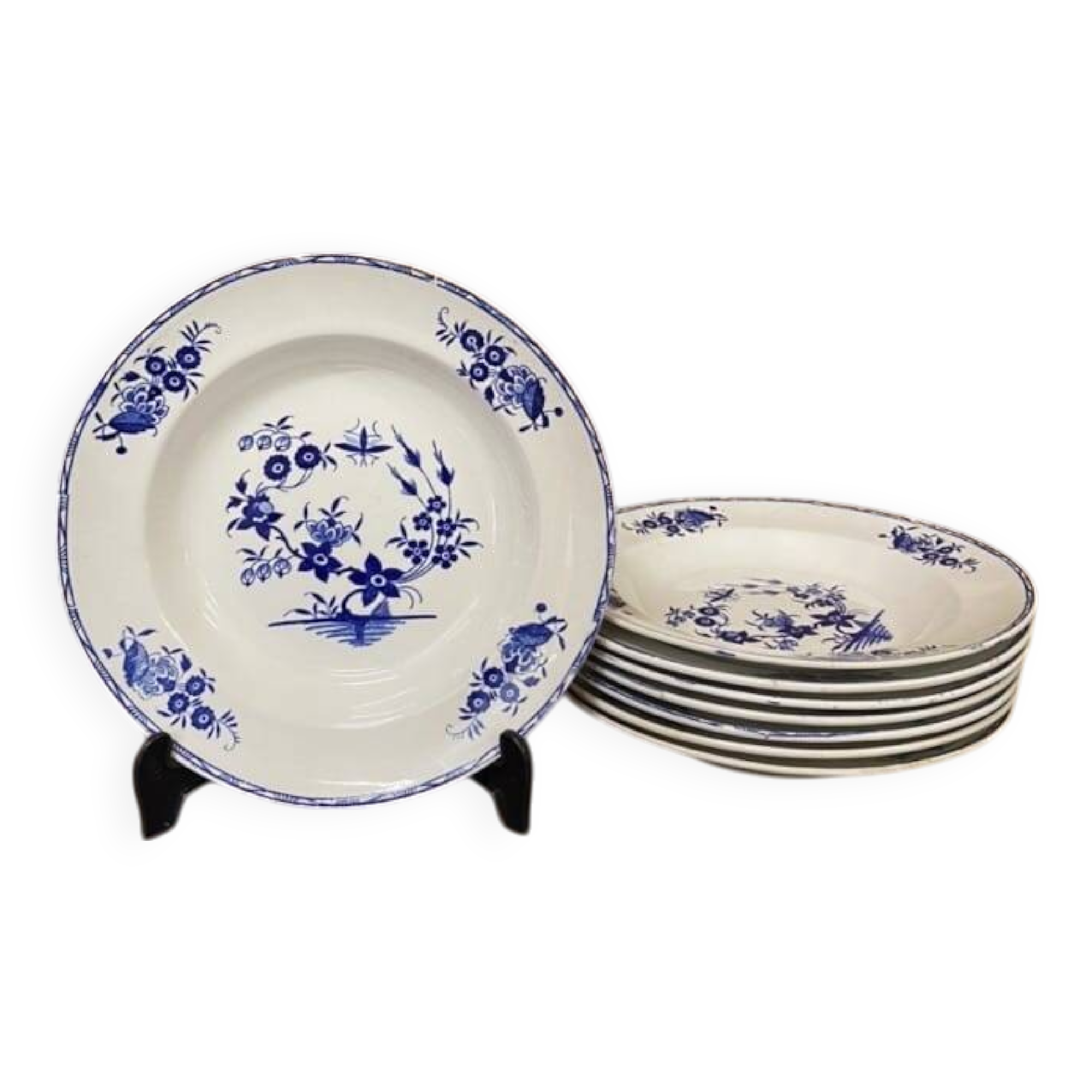 Set of 12 deep plates in Tournai porcelain, Boch Frères, fly decor