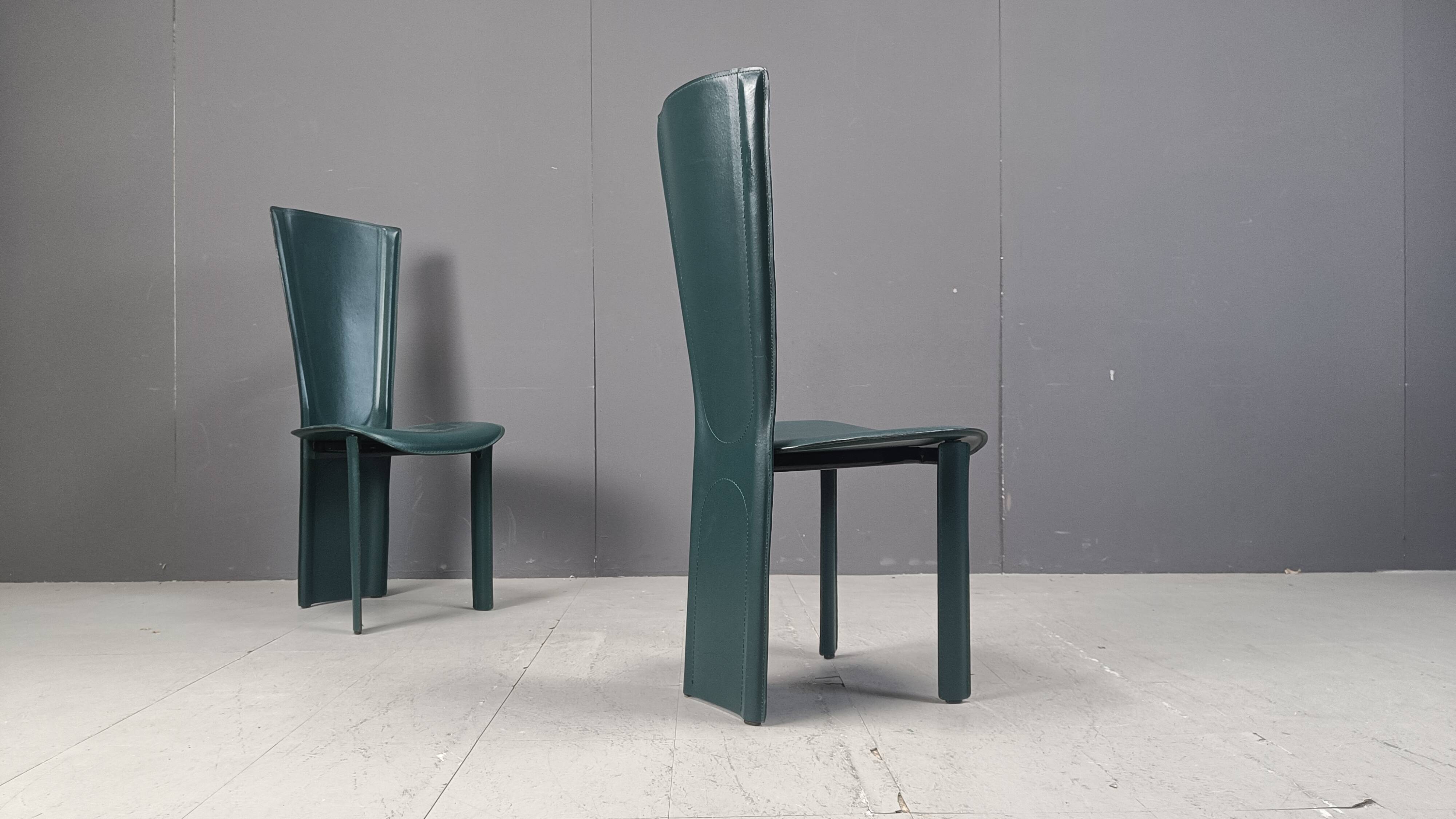 Vintage green leather dining chairs, 1980s - set of 4