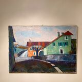 Old painting, urban landscape, signed and dated 80
