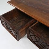 Table console espagnole ancienne en chêne avec tiroirs fabriqués à la main, 18ème siècle