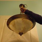 Suspension in gold metal with chains and opaque basin with brown cast designs -60s