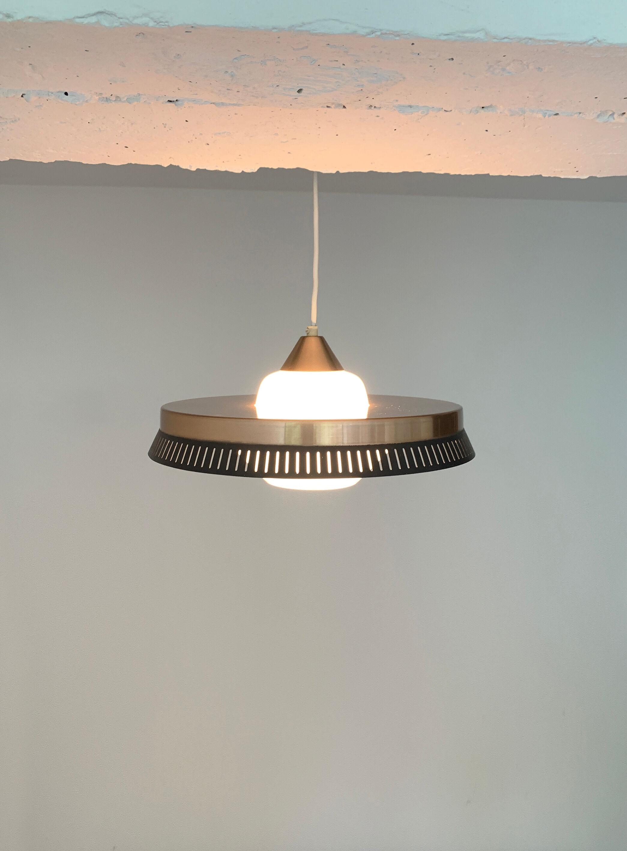 Scandinavian suspension lamp in copper and opaline glass, Bent Karlby for Lyfa, Denmark, 1960s