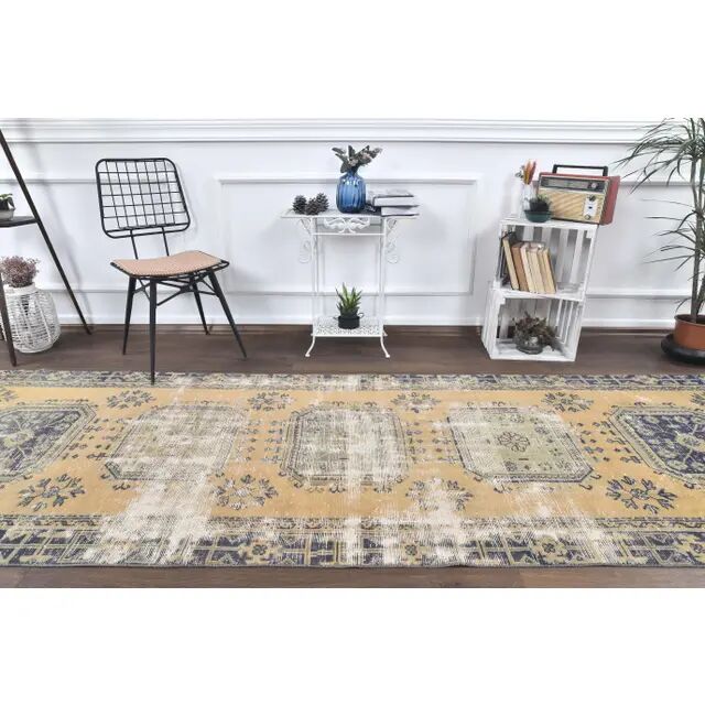 1970s Turkish Hand-Knotted Yellow Wool Runner Rug 111x341
