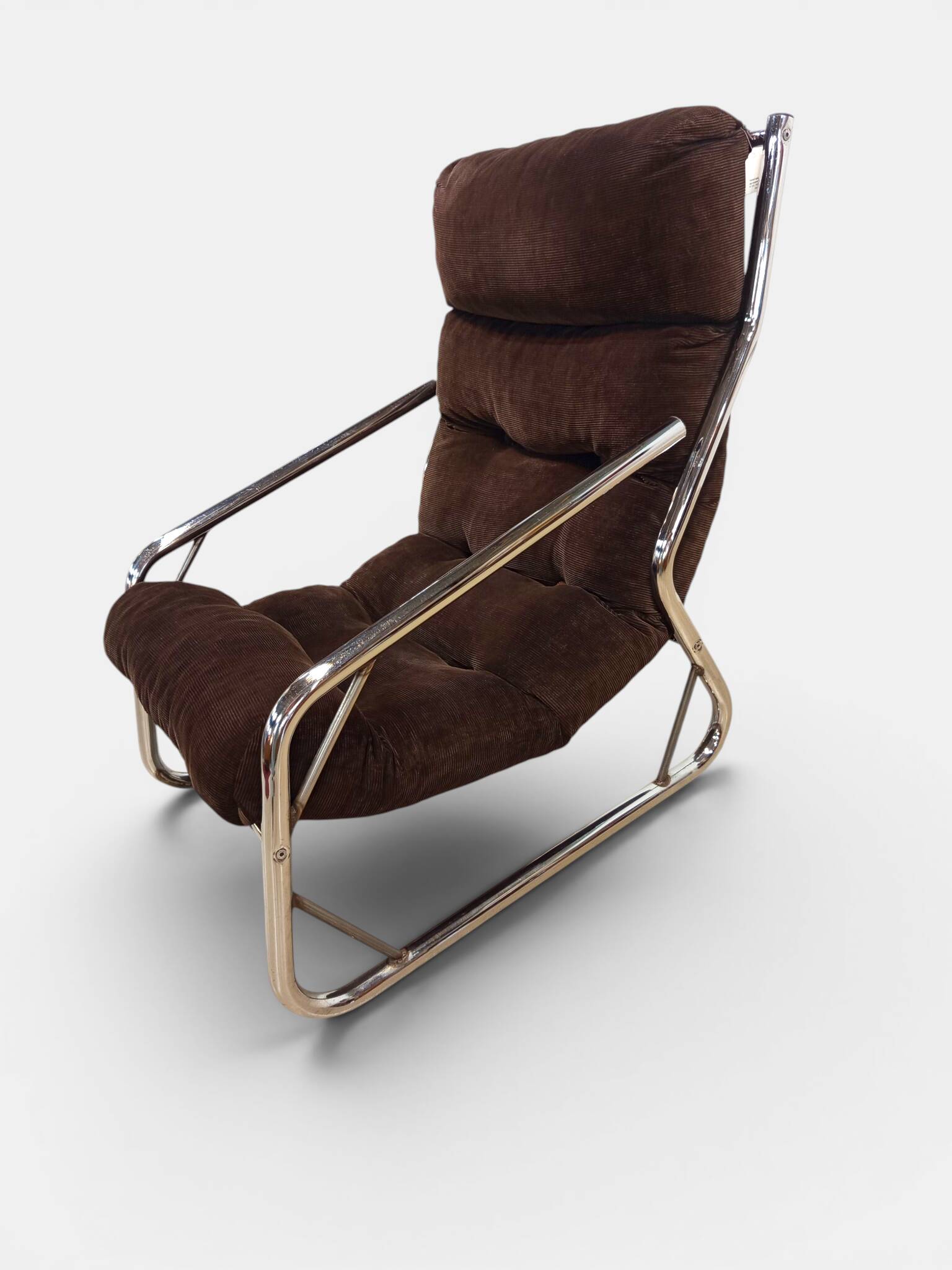 Chrome tubular lounge chair with corduroy – Space Age style 1970