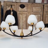 Chandelier Arlus laiton metal opalines blanche years 50