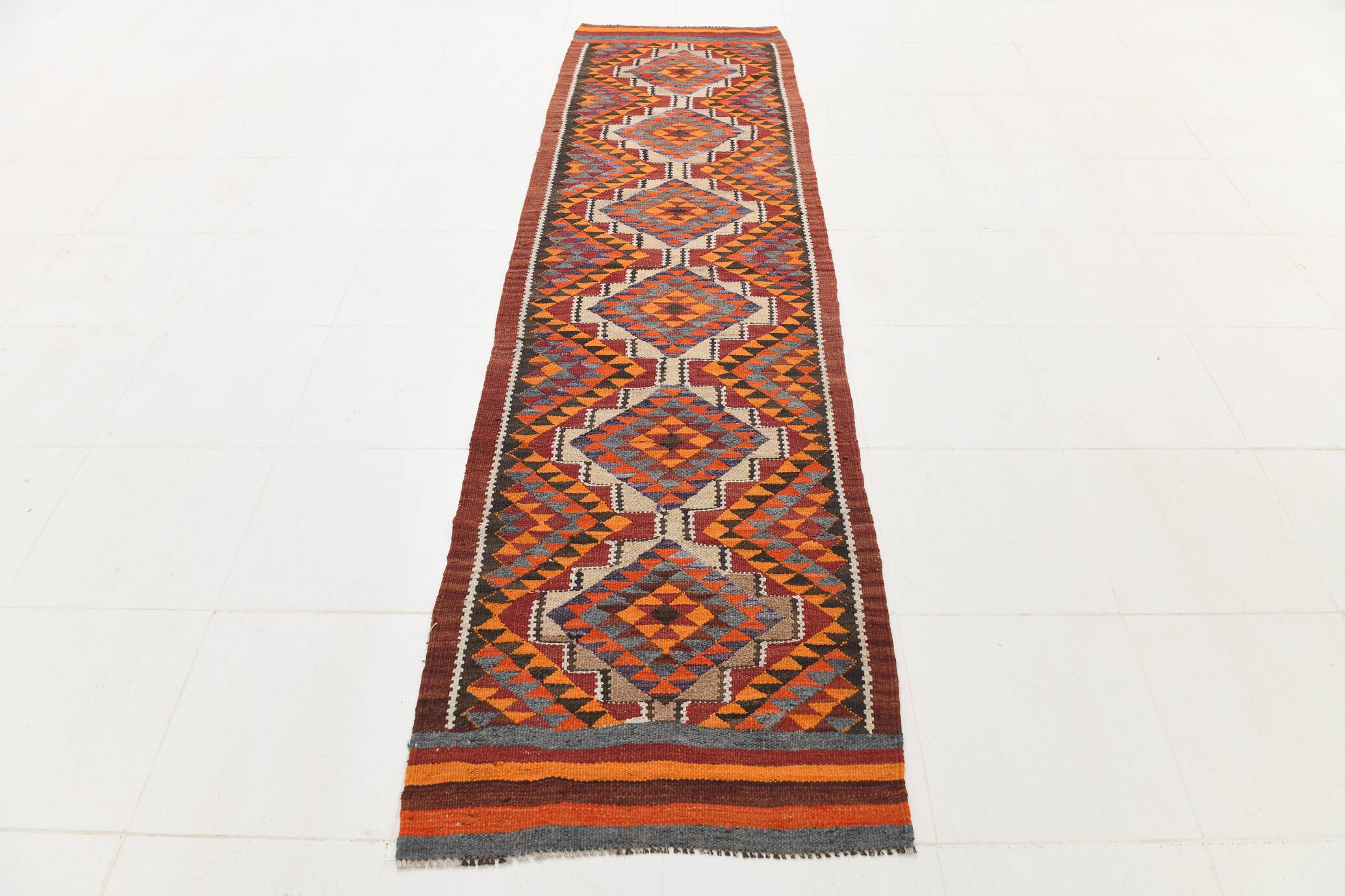 3x10 Red & Blue Kilim Runner Rug, 82x295Cm