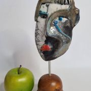 Signed raku ceramic mask on wooden base Contemporary sculpture 30 cm