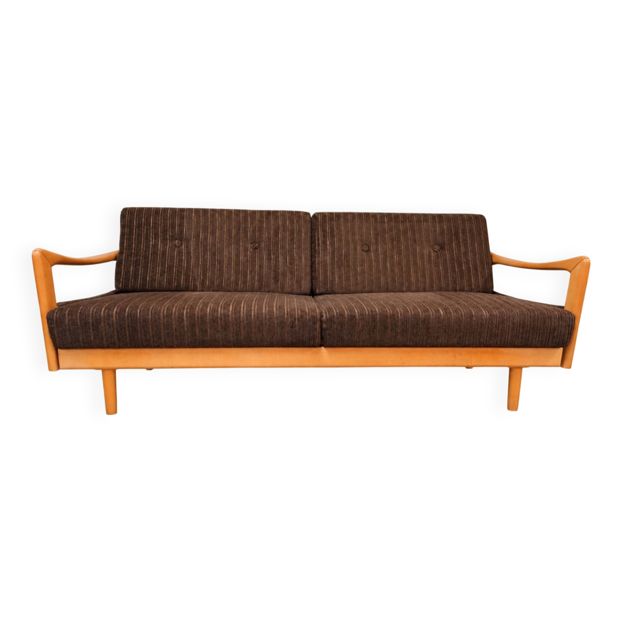 1960s light wood and brown ribbed fabric convertible daybed canapé