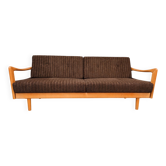 1960s light wood and brown ribbed fabric convertible daybed canapé