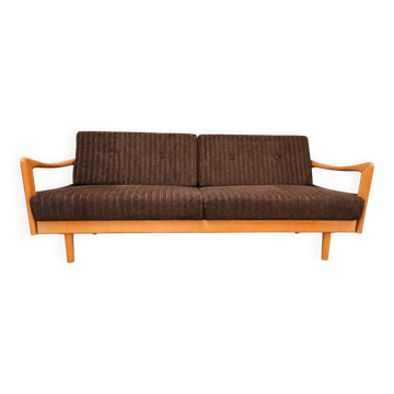 Daybed canapé convertible années 60 en bois clair et tissu côtelé brun