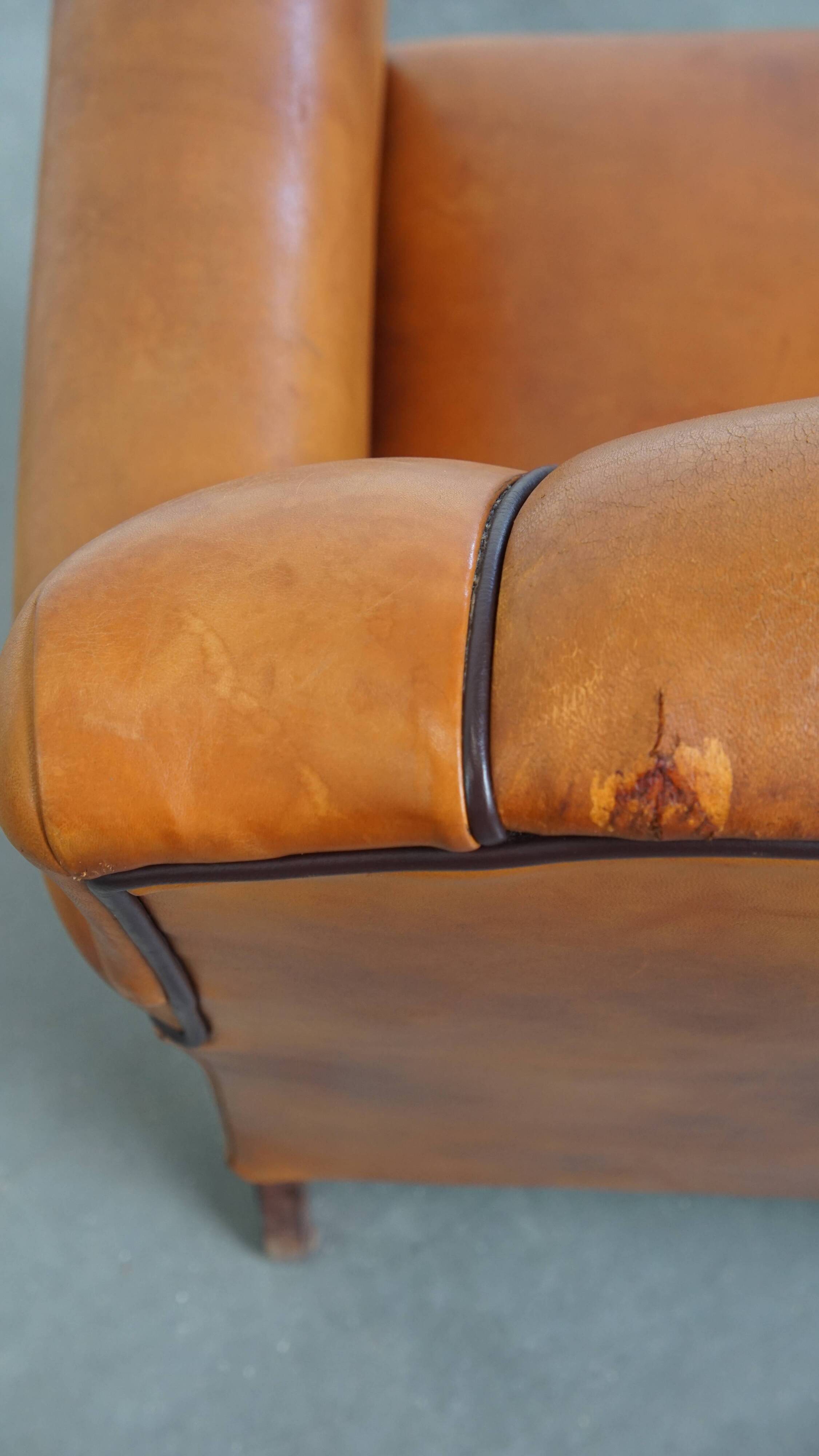 Sheepskin Leather Armchair and Dark Brown Piping