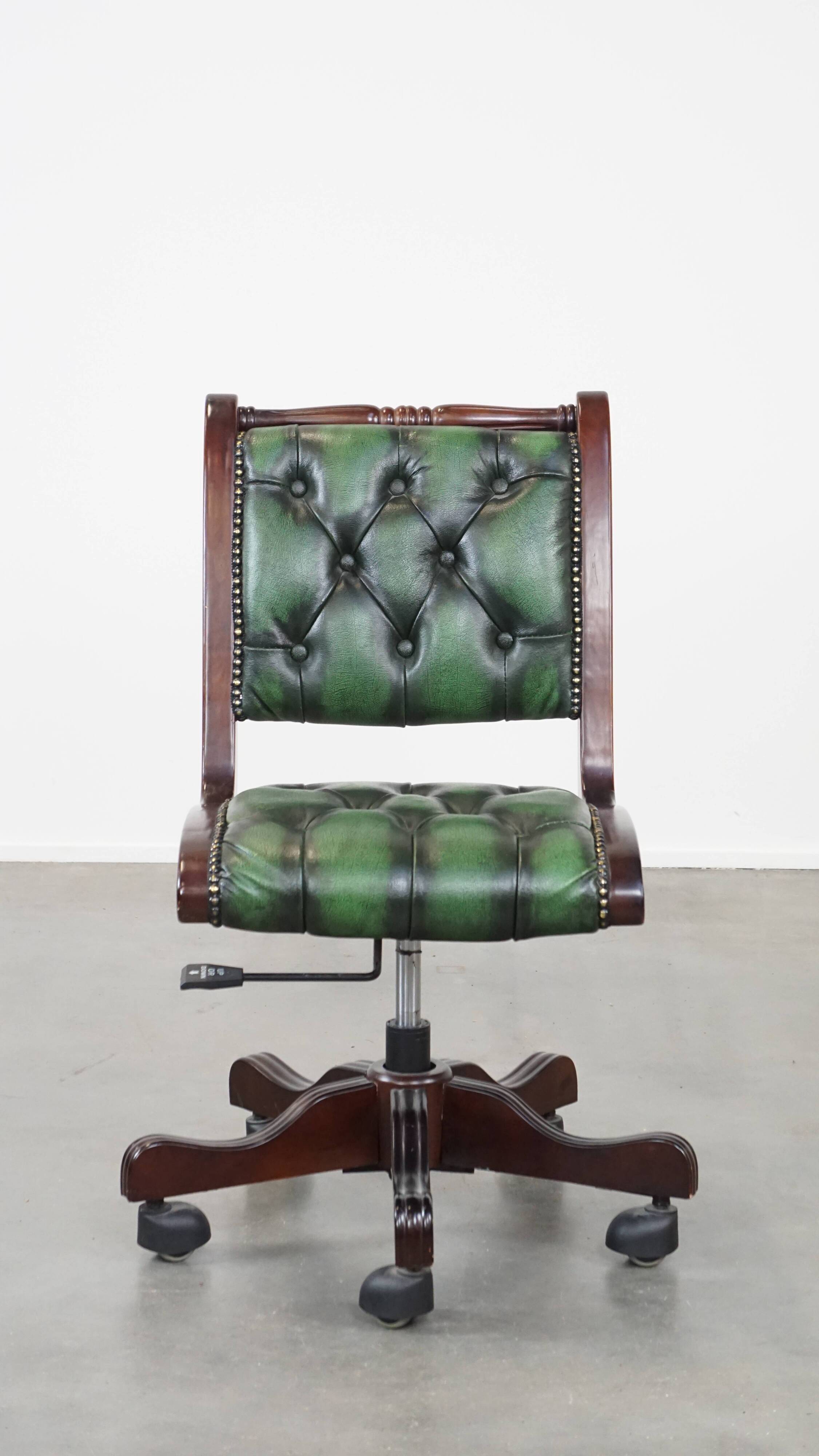 English Chesterfield office chair in green leather, height adjustable on casters