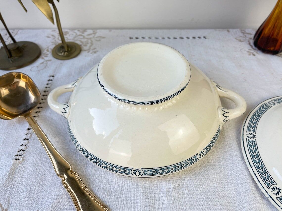 Vintage soup tureen, blue ironstone, Salins model, Castellane