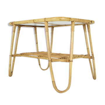 Table basse en rotin du milieu du siècle, années 1960.