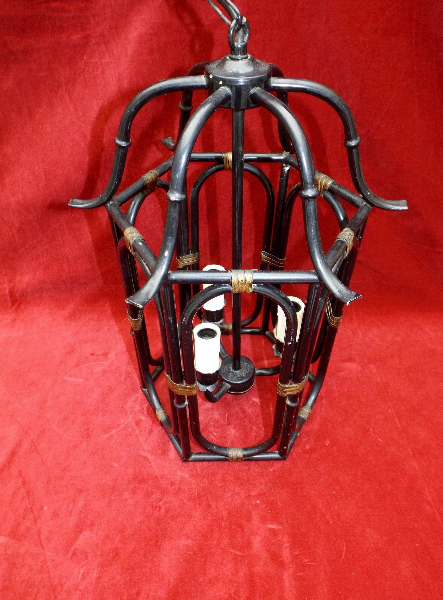Lantern Cage 3 lights black lacquered metal and gilded brass, french work of the 1950s