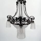 Wrought iron chandelier, tulips / pressed-molded glass bowl, Art Deco, 1930