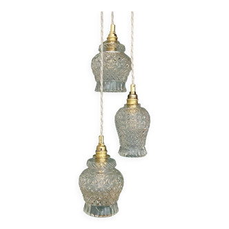 Suspension triple tulipes vintage en verre moulé
