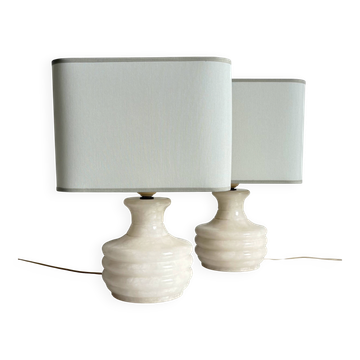 Midcentury Pair of Spanish Alabaster Table Lamps with Aqua Shades, 1960s