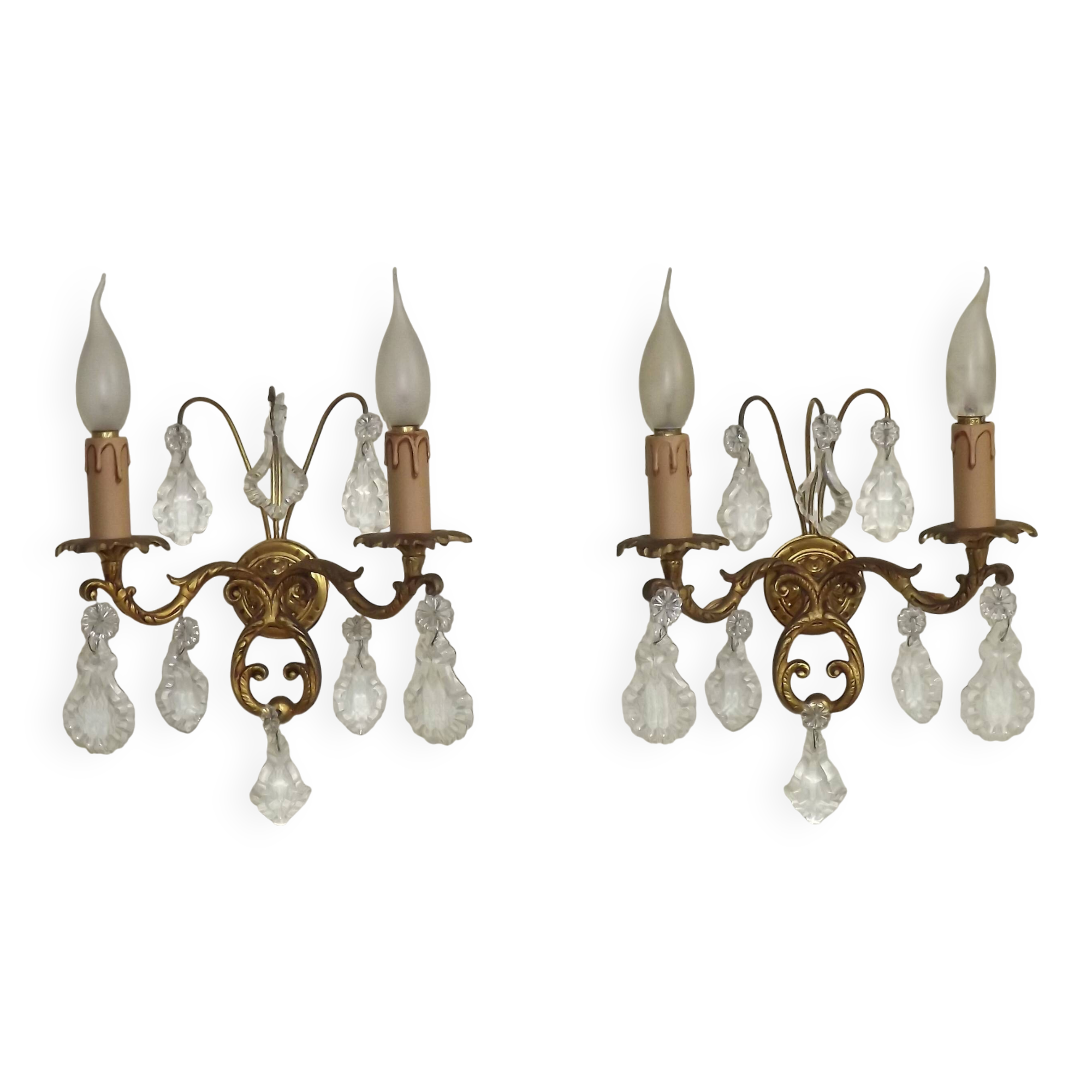 Pair of French Vintage Bronze Double Wall Lights Assorted Crystals 5331