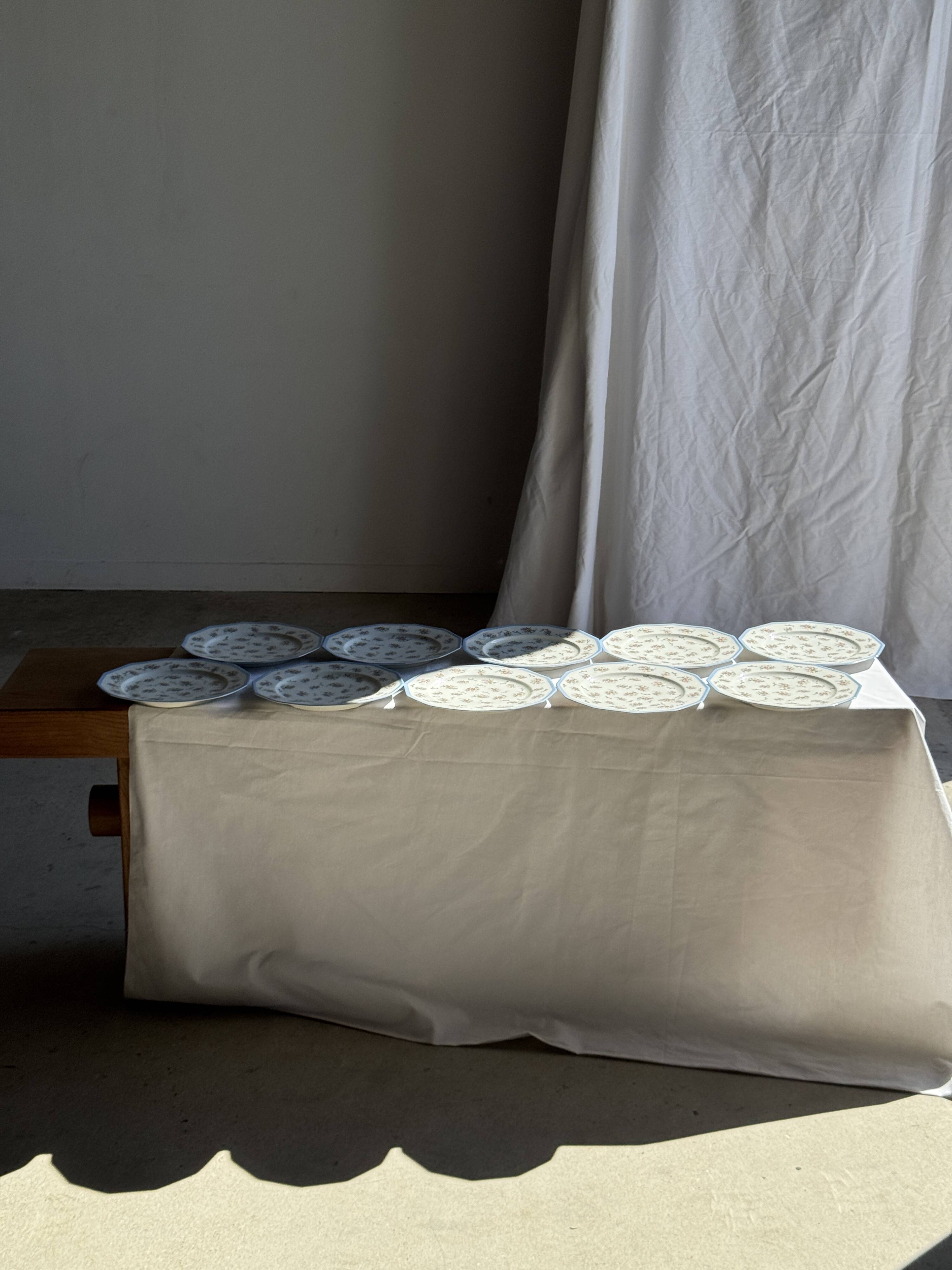 Set of 10 flat plates in Limoges porcelain from France with flowers.