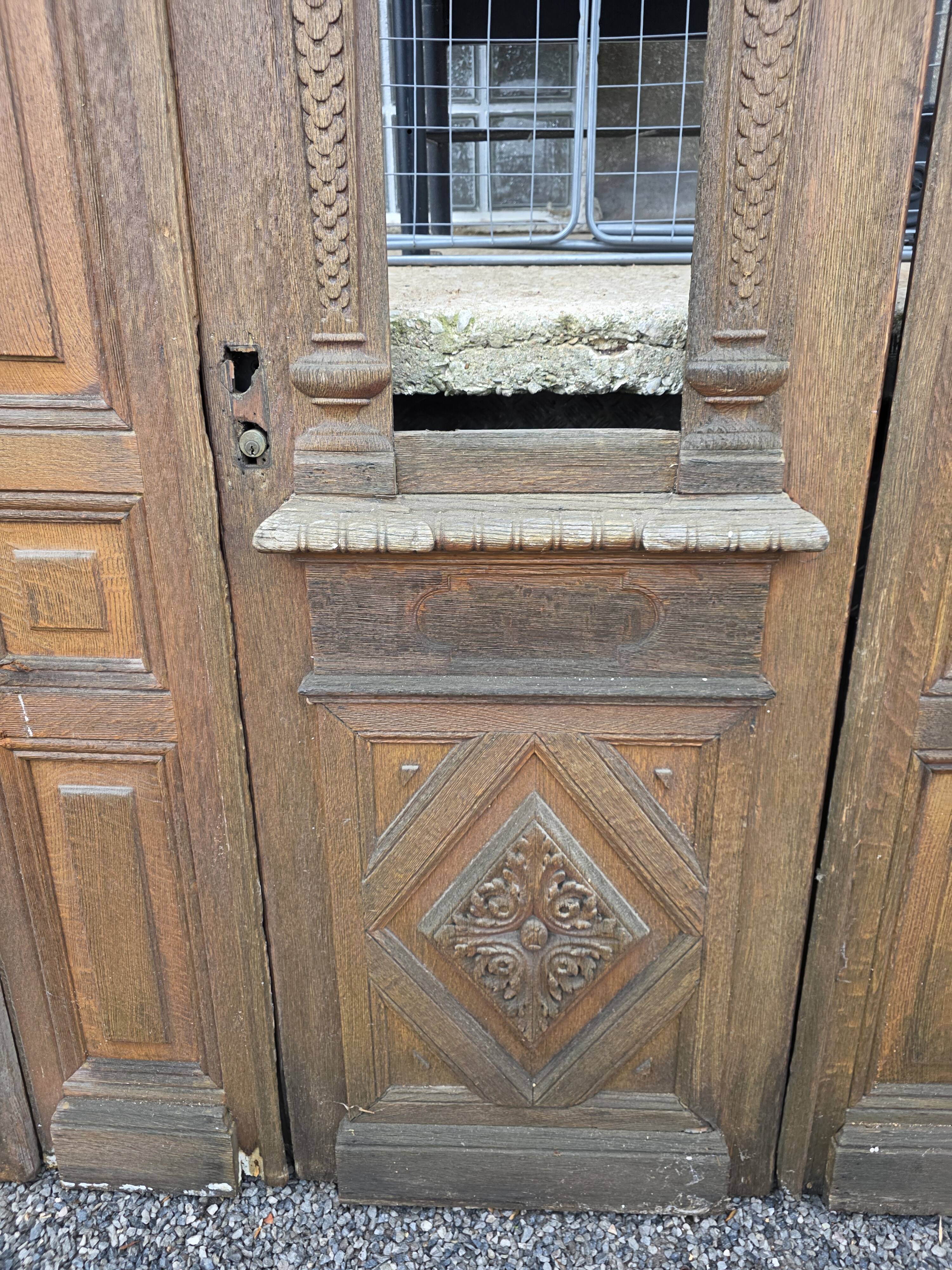 19th-century solid oak entrance door with three openings, including frame.