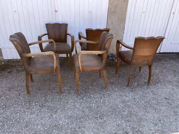 5 fauteuils bridge en cuir époque art déco