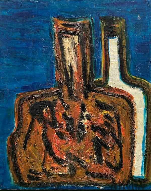 Tableau nature morte aux bouteilles XXe