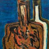 Tableau nature morte aux bouteilles XXe