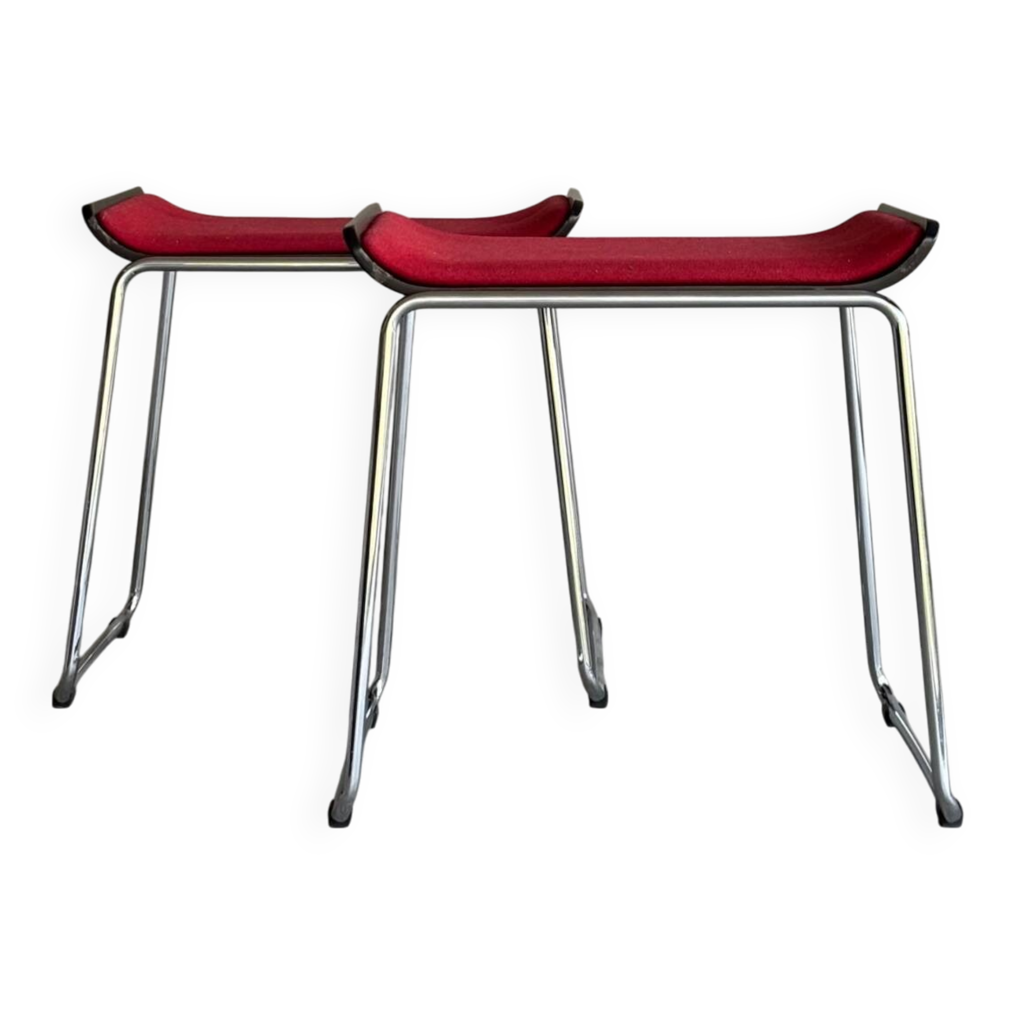 Pair of minimalist stools in red fabric with chrome legs