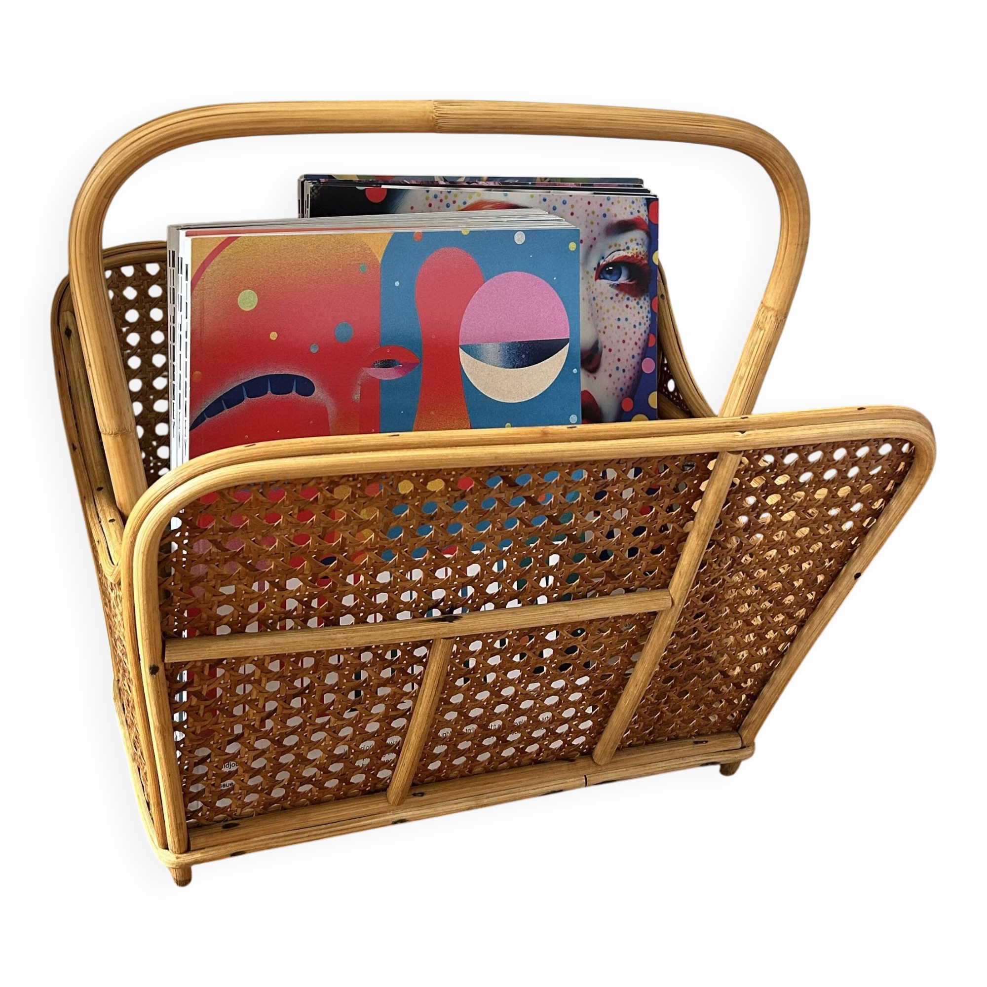 Rattan and cane magazine rack from the 1960s.