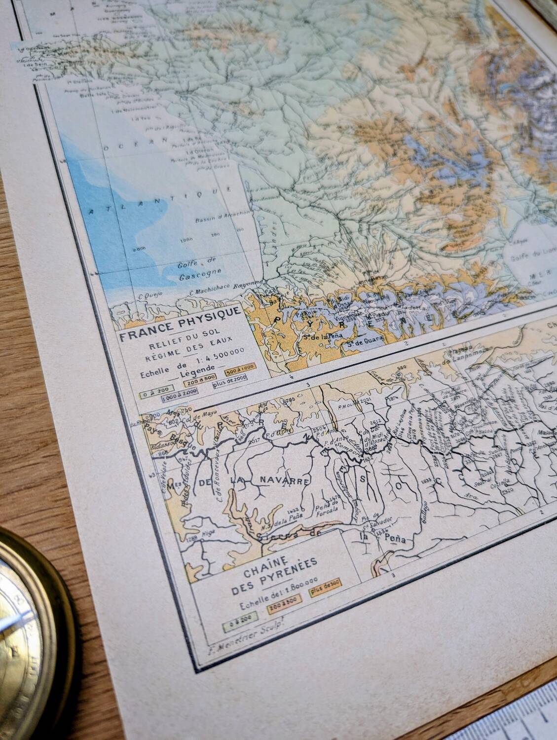 Physical map of France, original printed in 1896