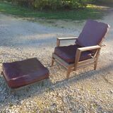 Vintage "Bain De Soleil" Armchair in Oak and Faux Leather Cushions - 20th Century