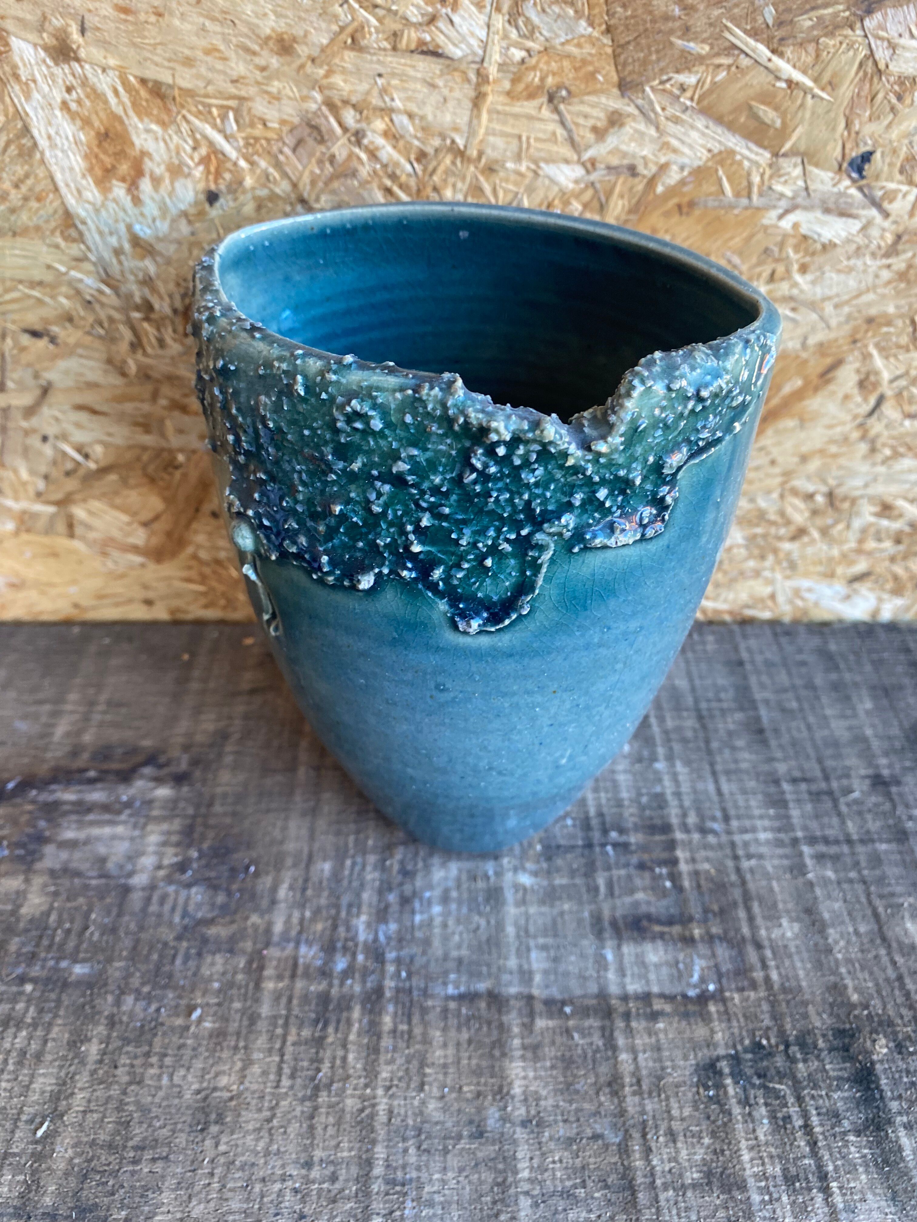 Ancient Vase JACKY COVILLE Glazed Stoneware Blue Vintage #D987