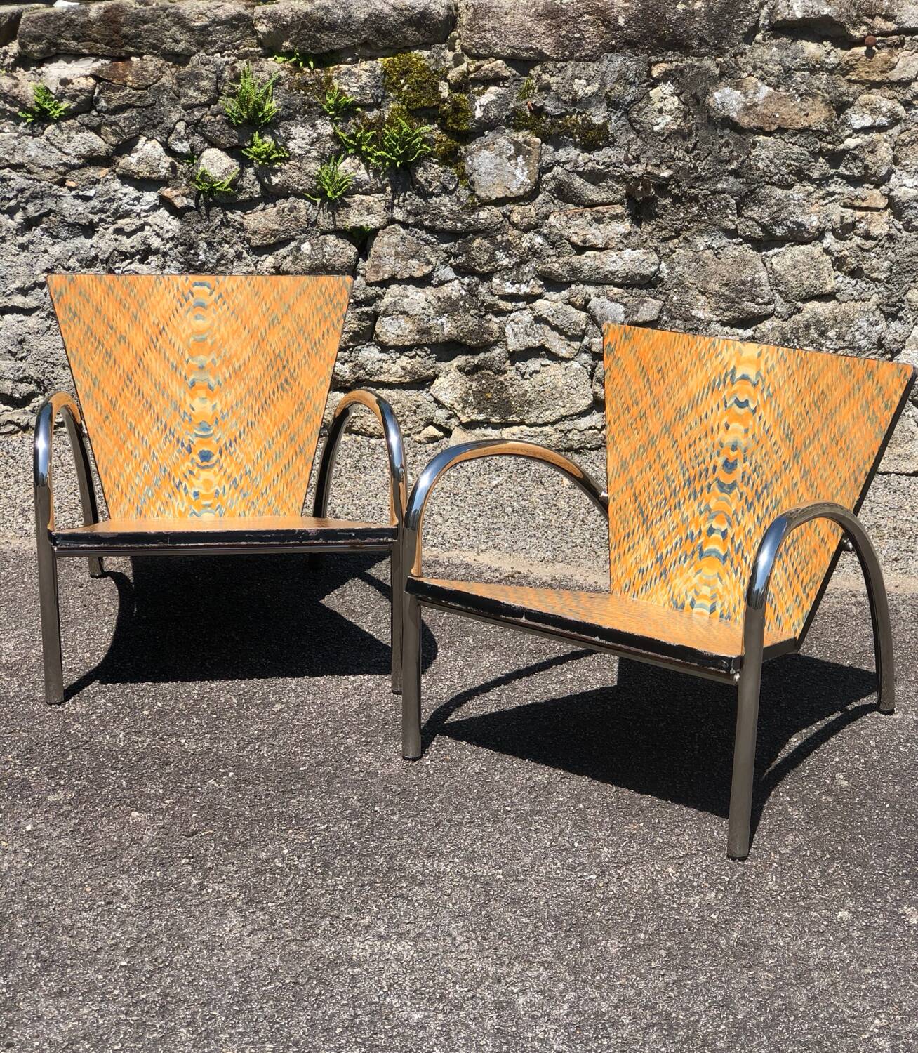 Pair of 2 atypical armchairs wood, chrome and leather vintage 1980