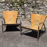 Pair of 2 atypical armchairs wood, chrome and leather vintage 1980