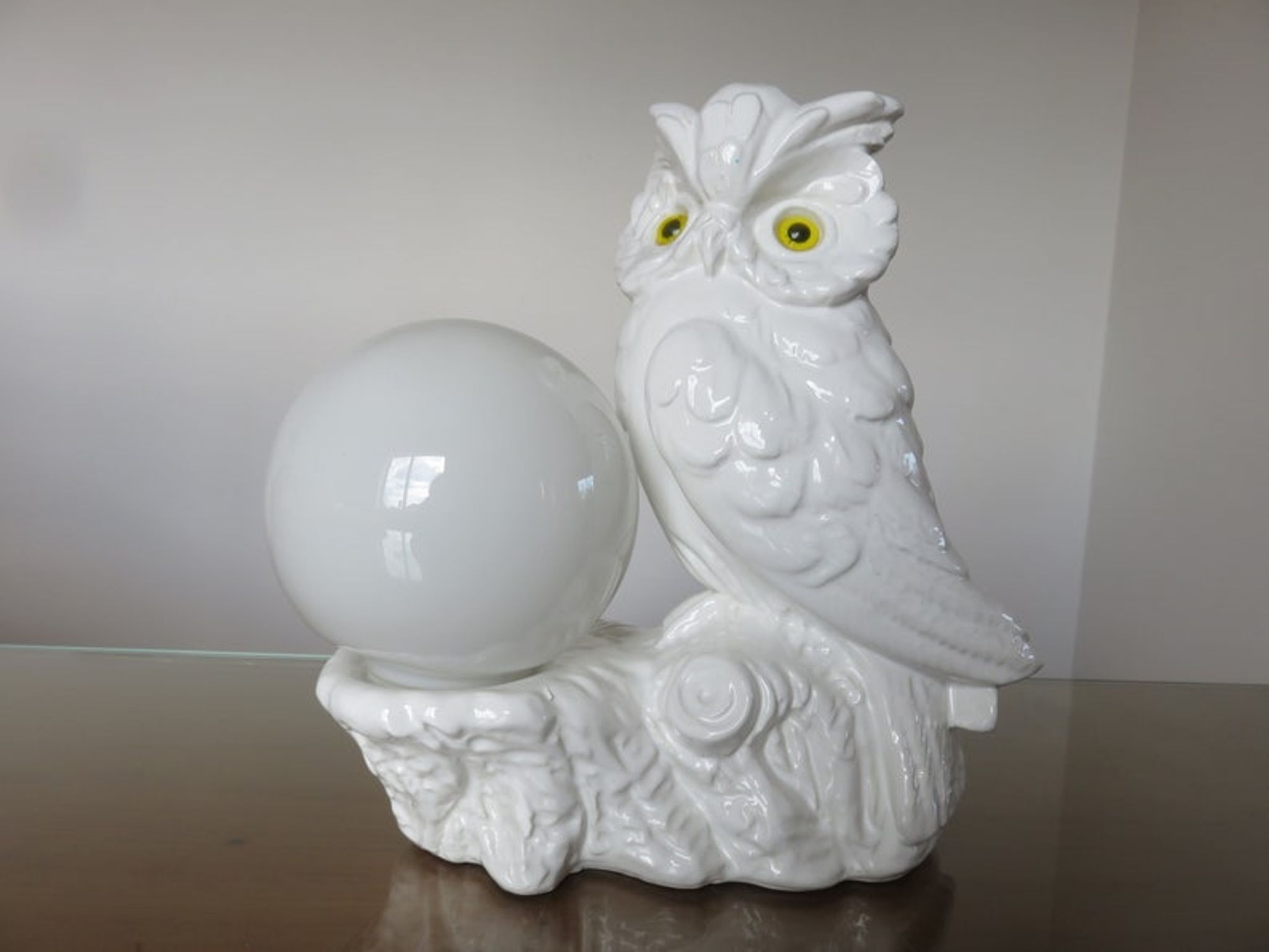 Owl lamp, ceramic owl and opaline ball 70s