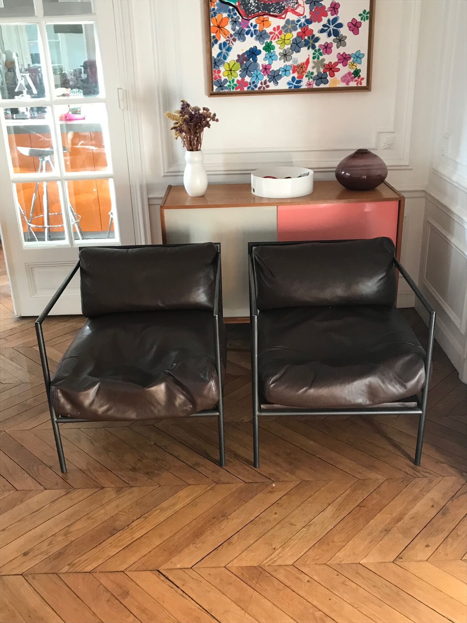 Set of 2 metal and brown leather armchairs Julie Prisca
