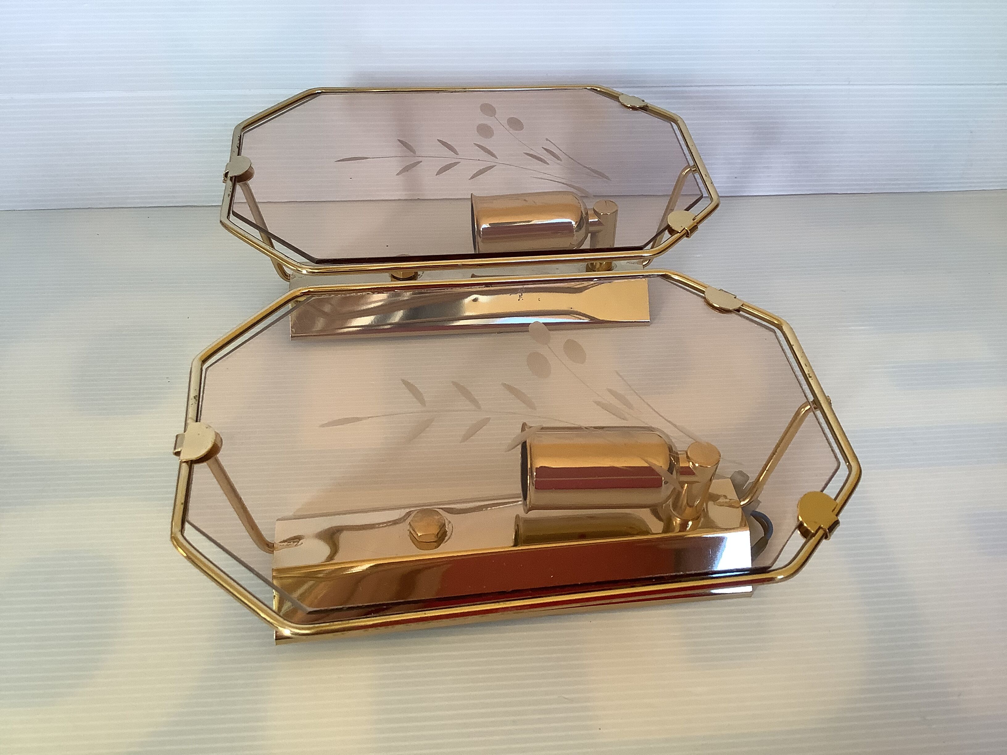 Pair of old brass wall lamps cut glass