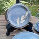 3 tasses et sous-tasses grès bleu et blanc vintage signé