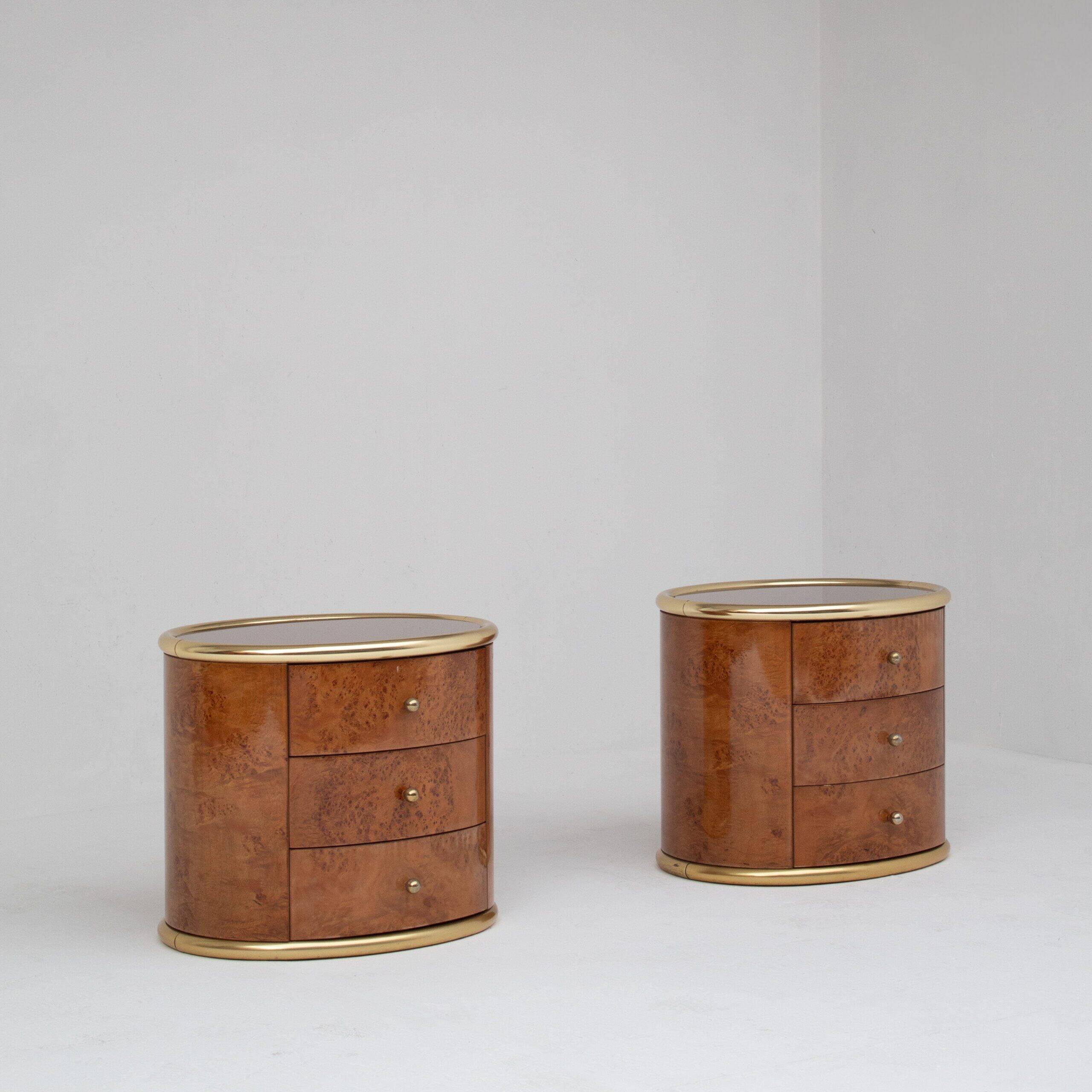 Vintage burlwood and brass nightstands, 1970s