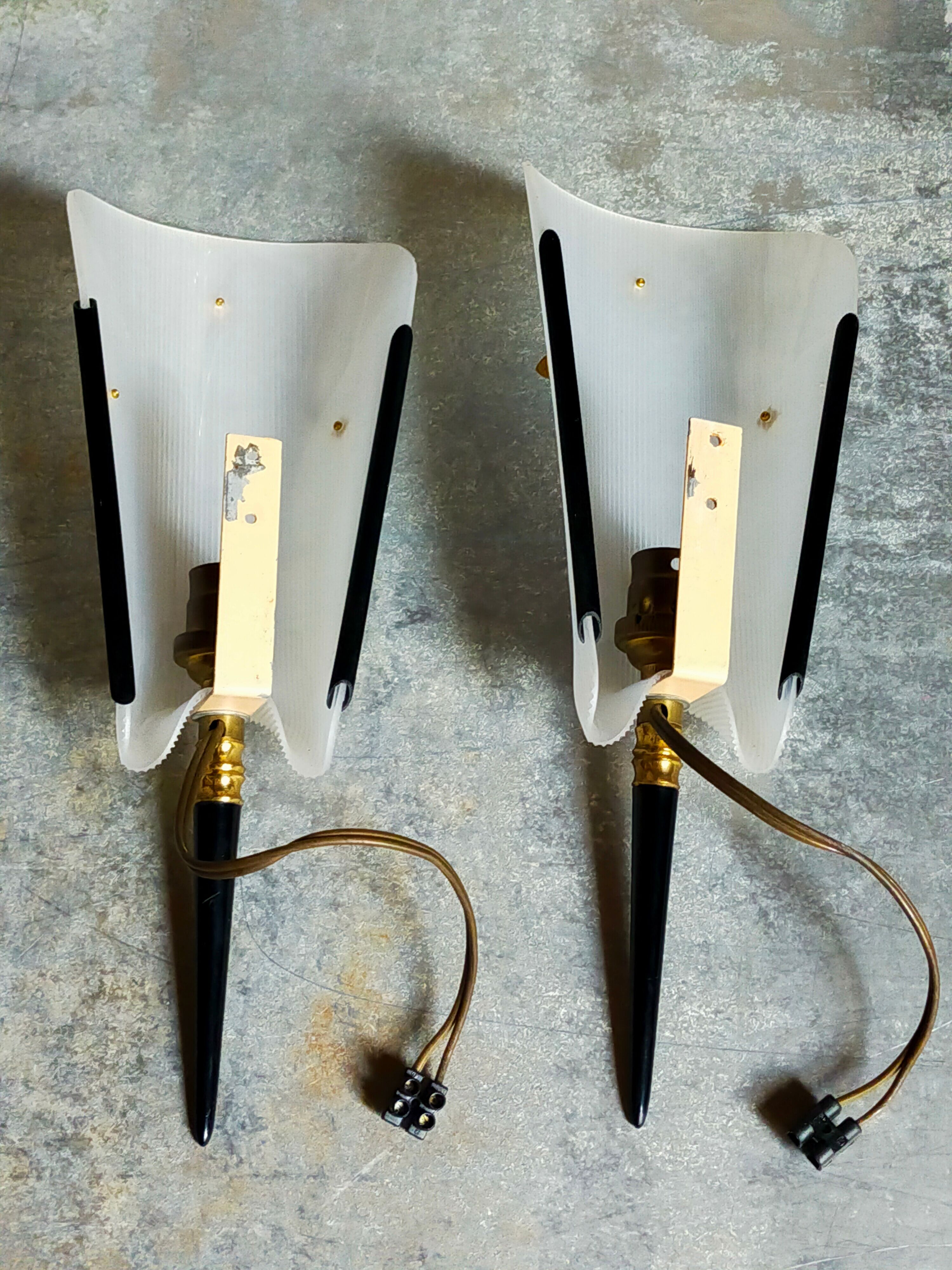 Pair of vintage plexi and bakelite 50s wall lamps