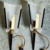 Pair of vintage plexi and bakelite 50s wall lamps