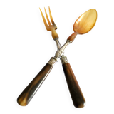 Antique horn salad cutlery – shell decoration 1900